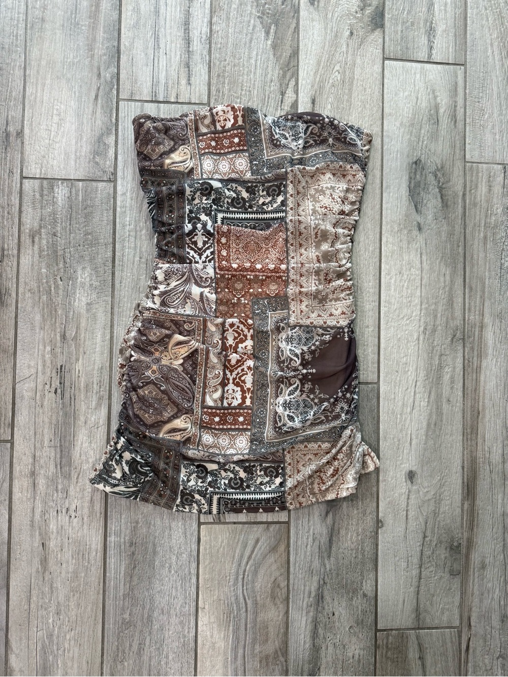 Altar'd State Strapless Patchwork Paisley Dress in Brown and Cream